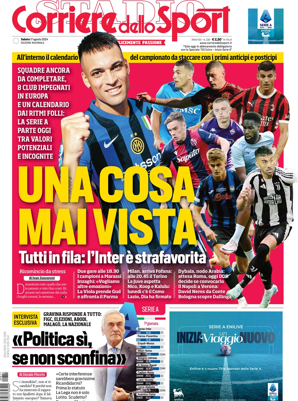 anteprima della prima pagina di corriere-dello-sport del 17/08/2024