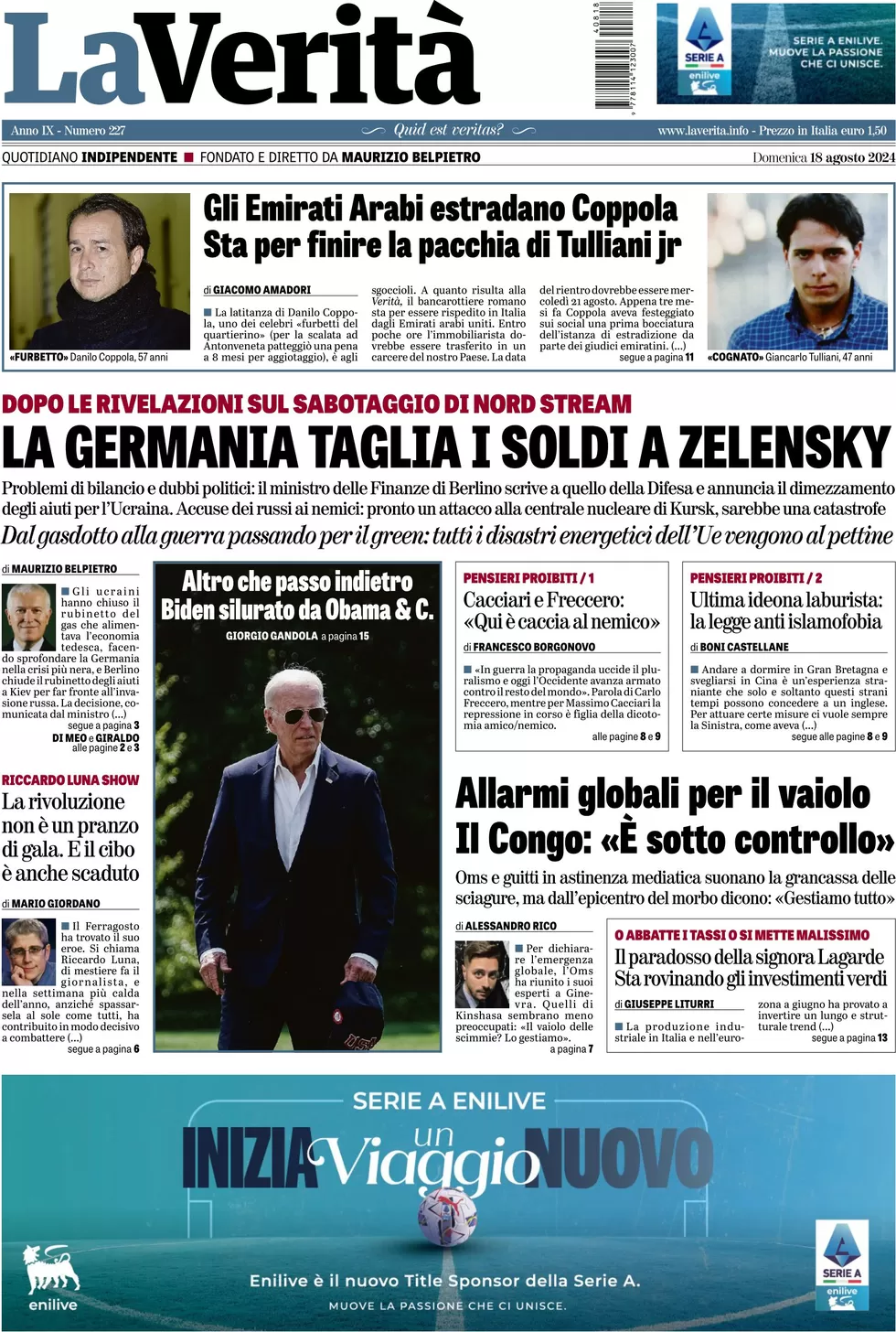 anteprima della prima pagina di la-verit del 18/08/2024