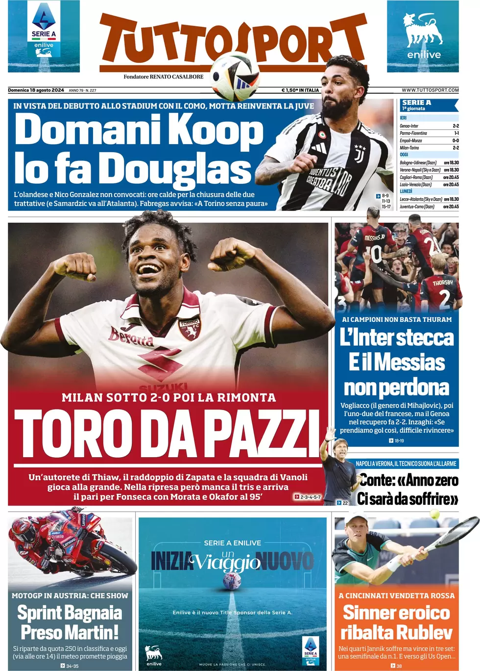 anteprima della prima pagina di tuttosport del 18/08/2024
