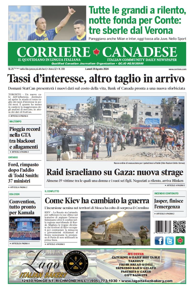 anteprima della prima pagina di corriere-canadese del 19/08/2024