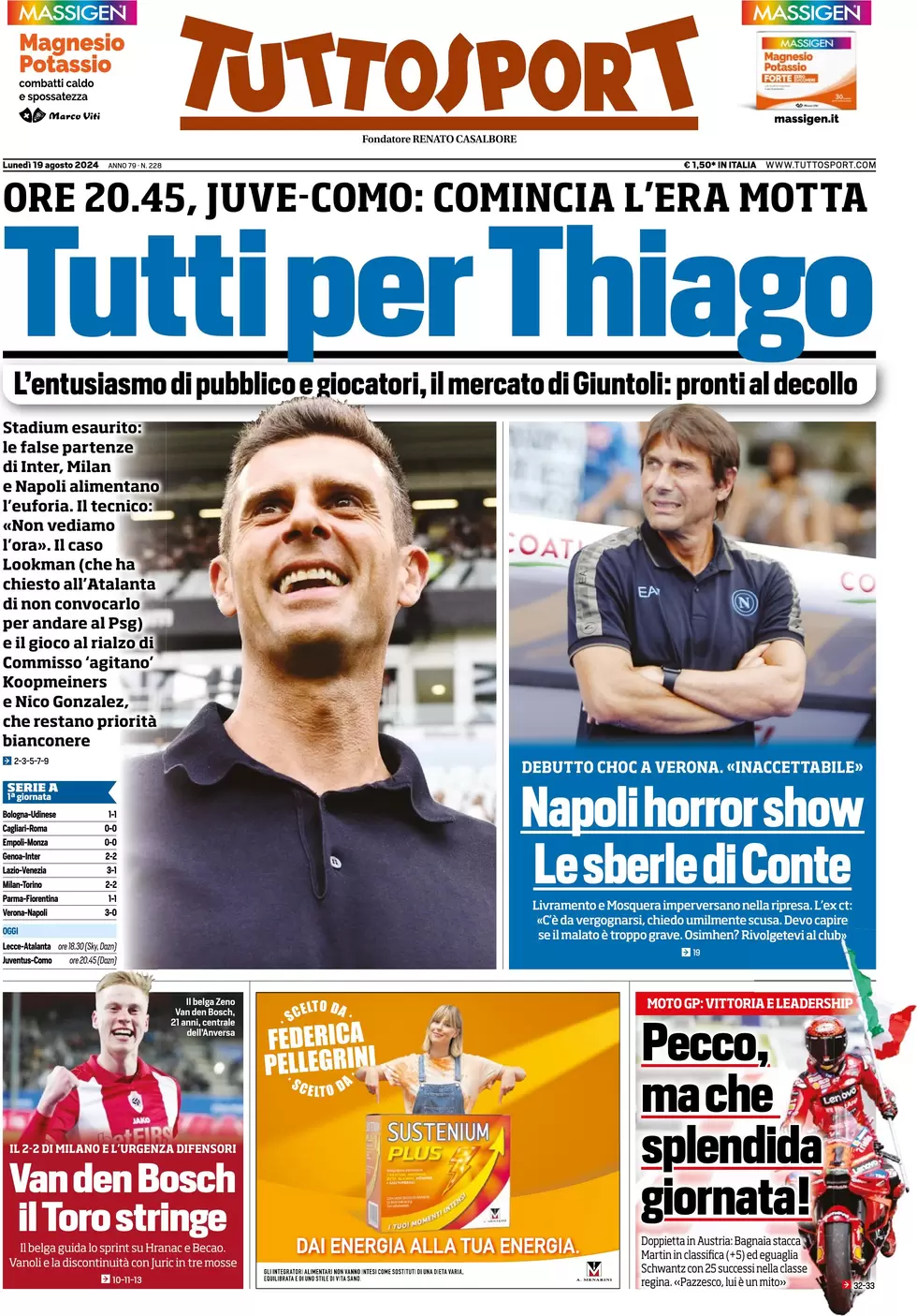 anteprima della prima pagina di tuttosport del 19/08/2024