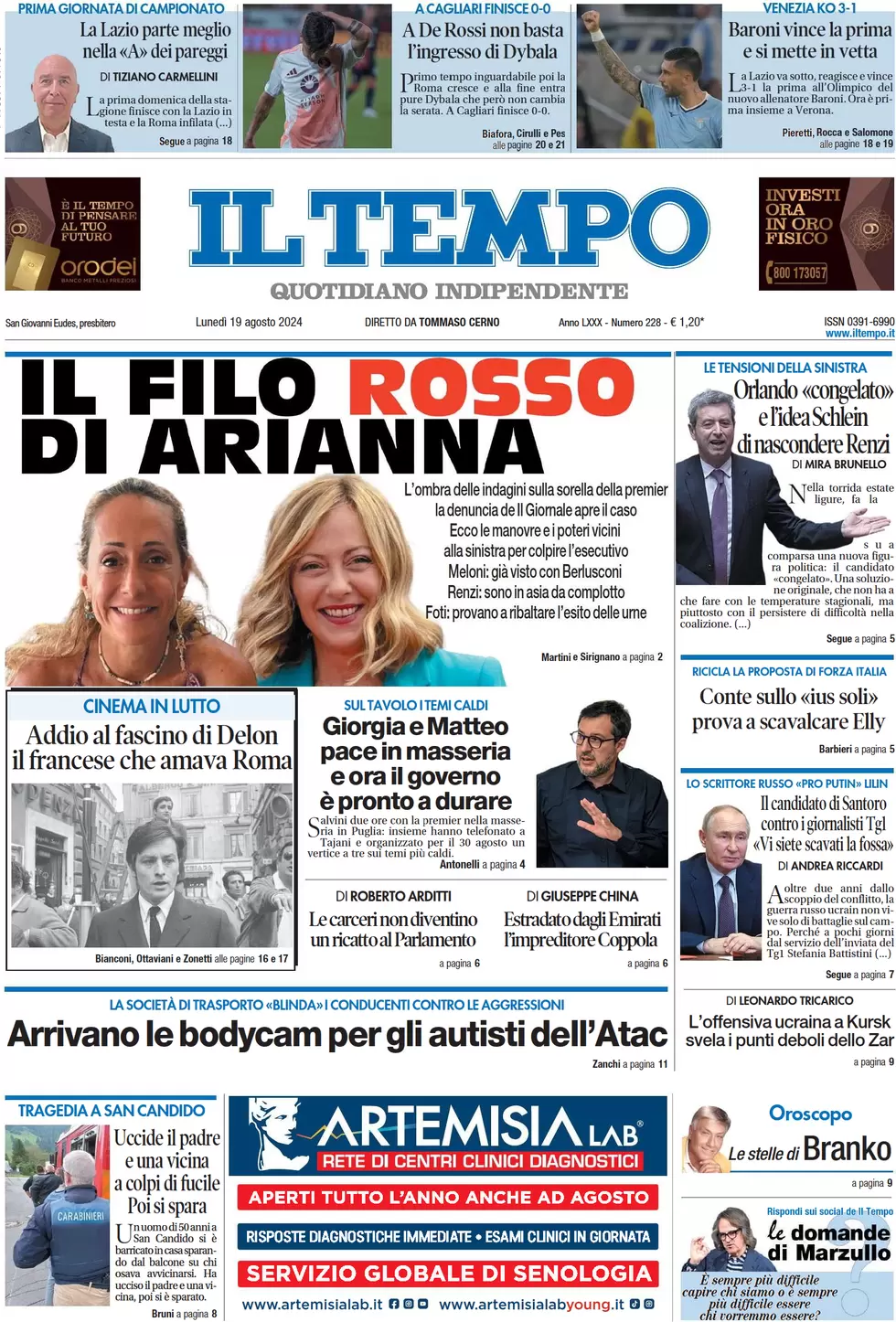 anteprima della prima pagina di il-tempo del 19/08/2024