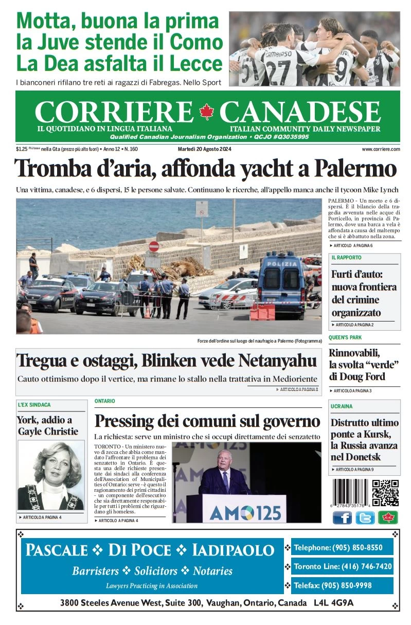 anteprima della prima pagina di corriere-canadese del 20/08/2024