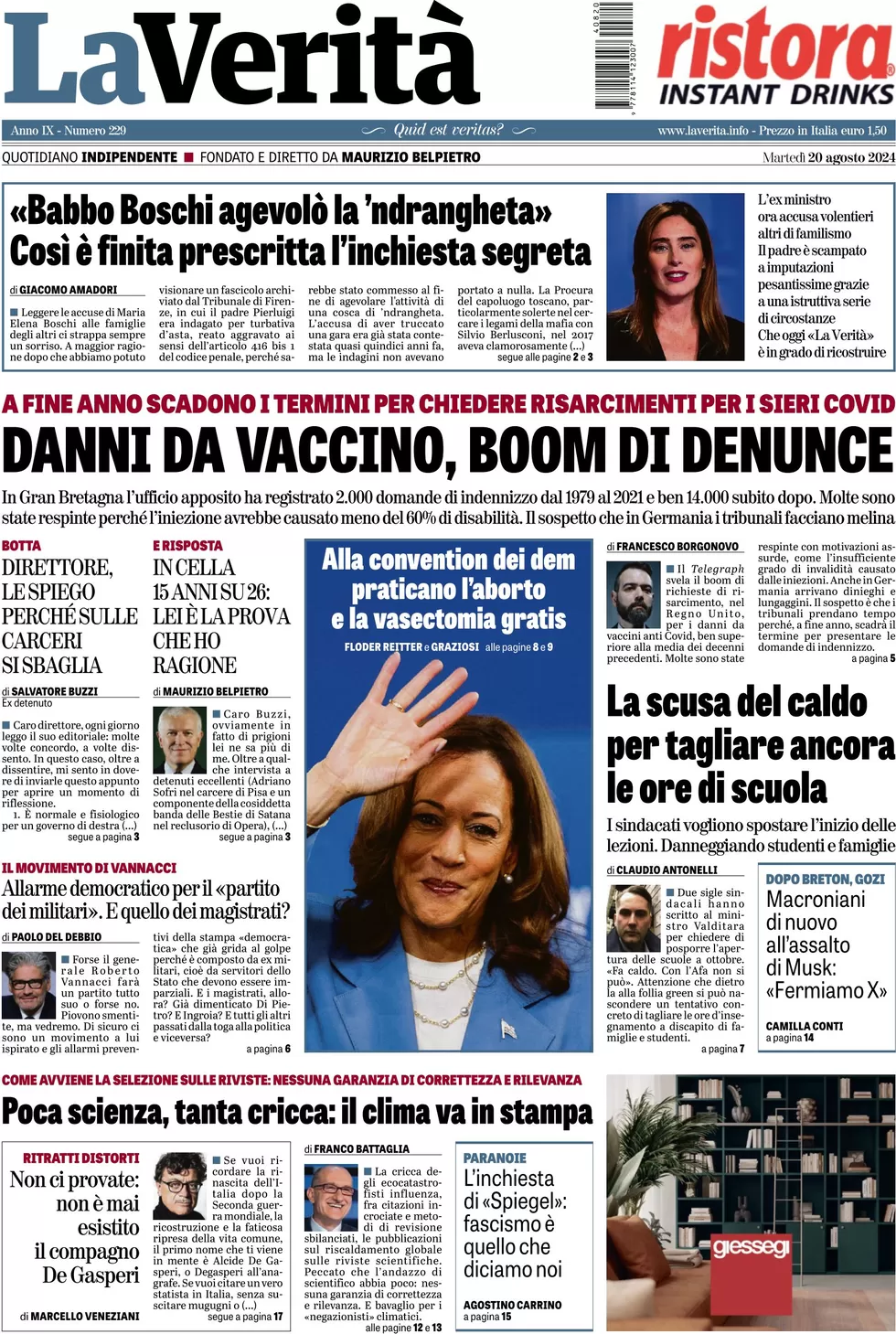 anteprima della prima pagina di la-verit del 20/08/2024