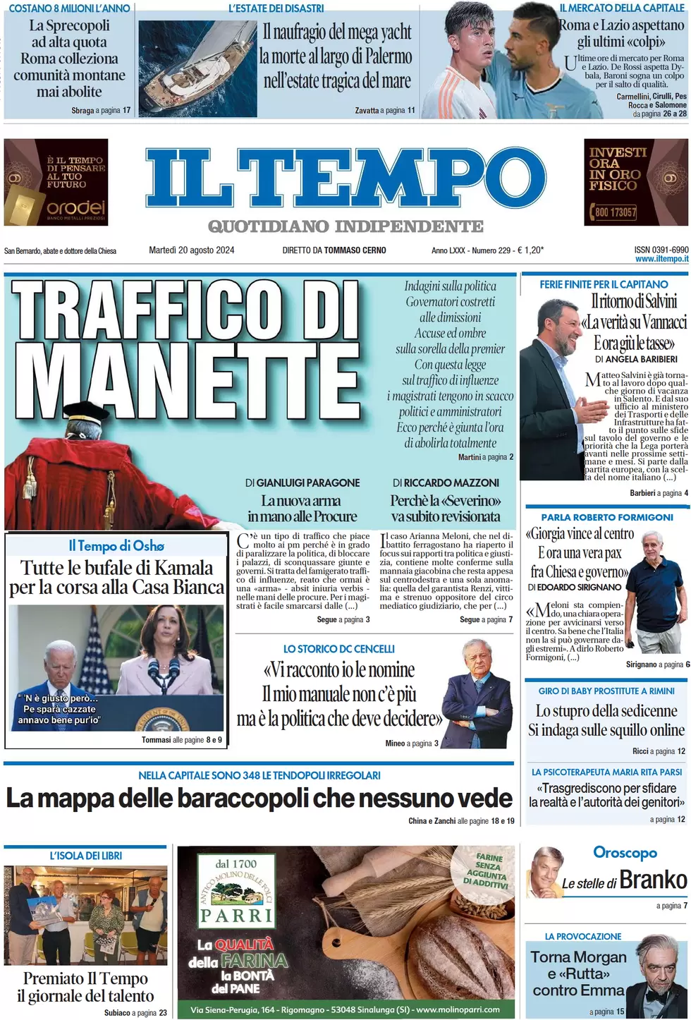 anteprima della prima pagina di il-tempo del 20/08/2024