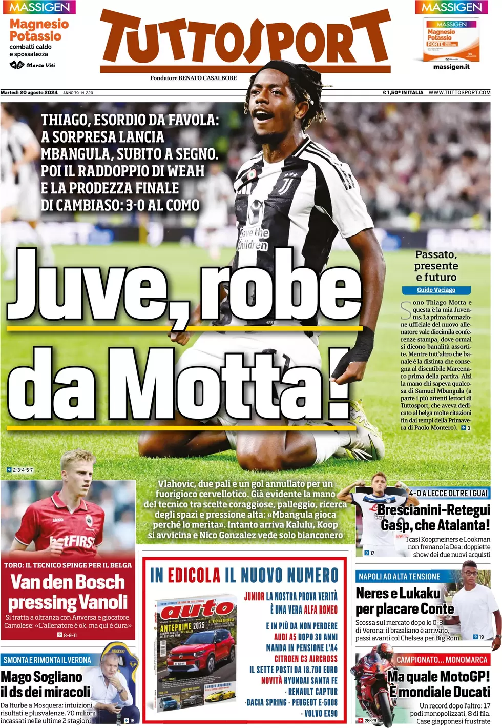 anteprima della prima pagina di tuttosport del 20/08/2024