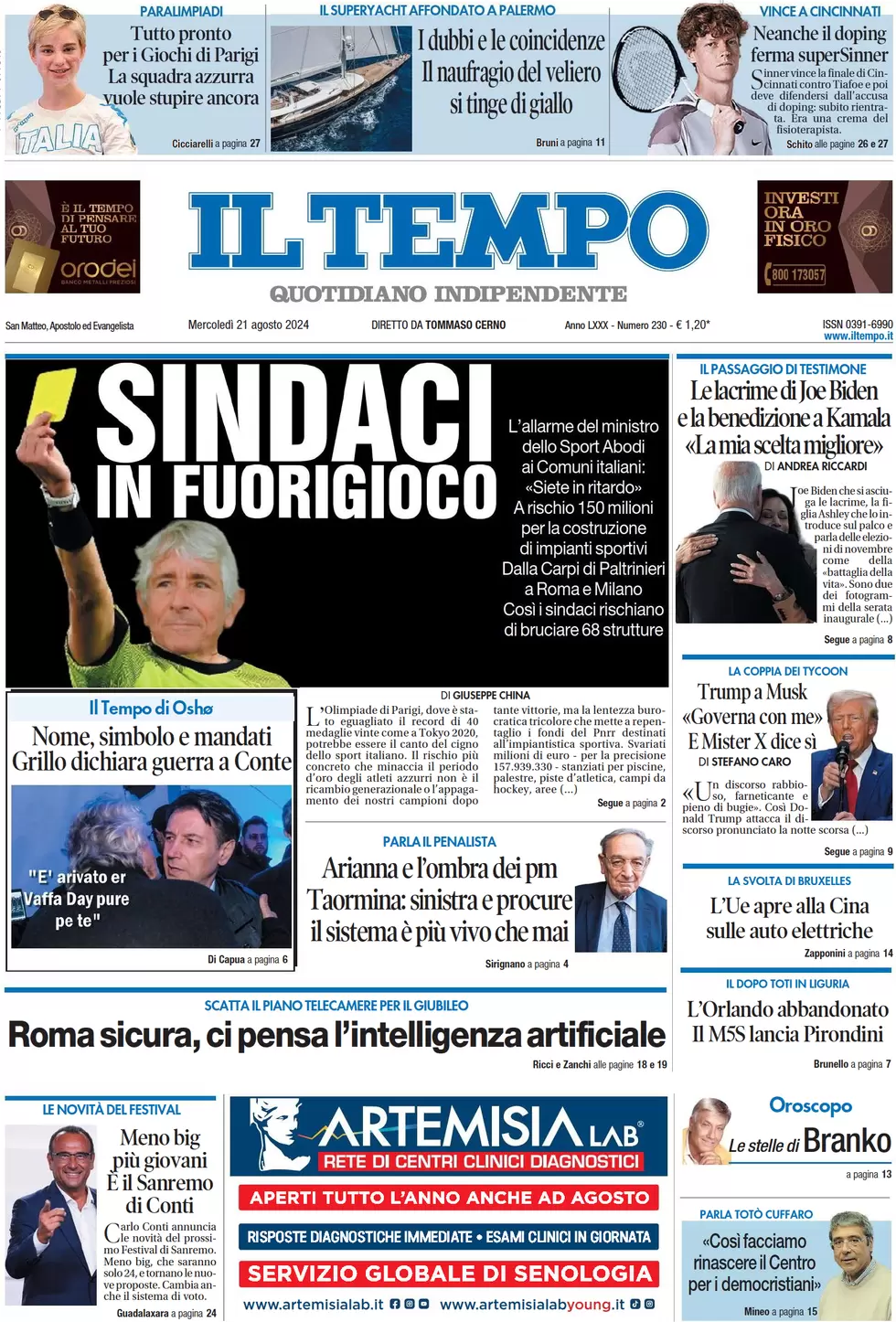anteprima della prima pagina di il-tempo del 21/08/2024