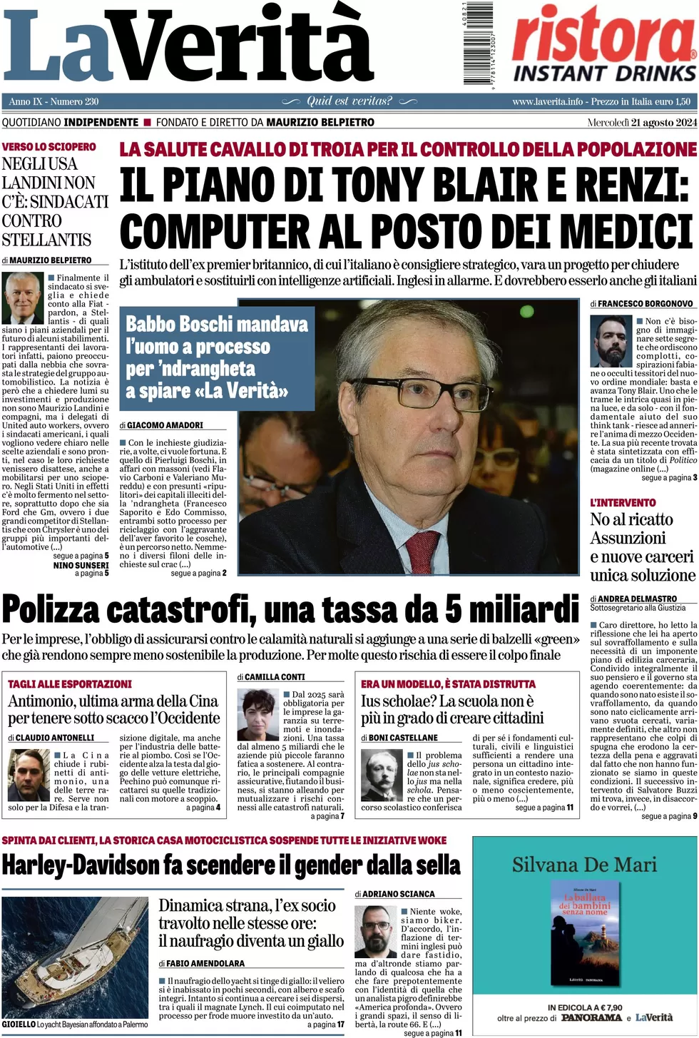 anteprima della prima pagina di la-verit del 21/08/2024