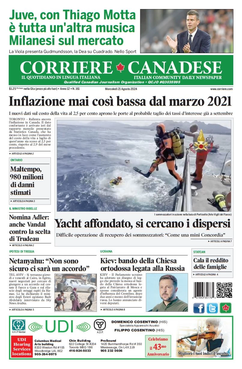 anteprima della prima pagina di corriere-canadese del 21/08/2024