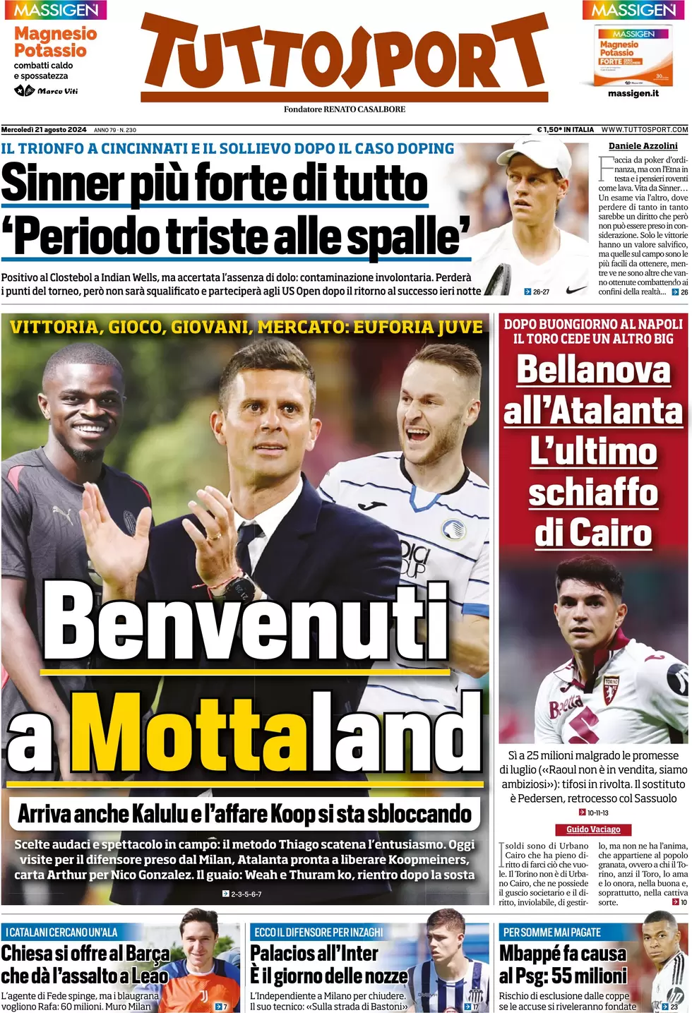 anteprima della prima pagina di tuttosport del 21/08/2024