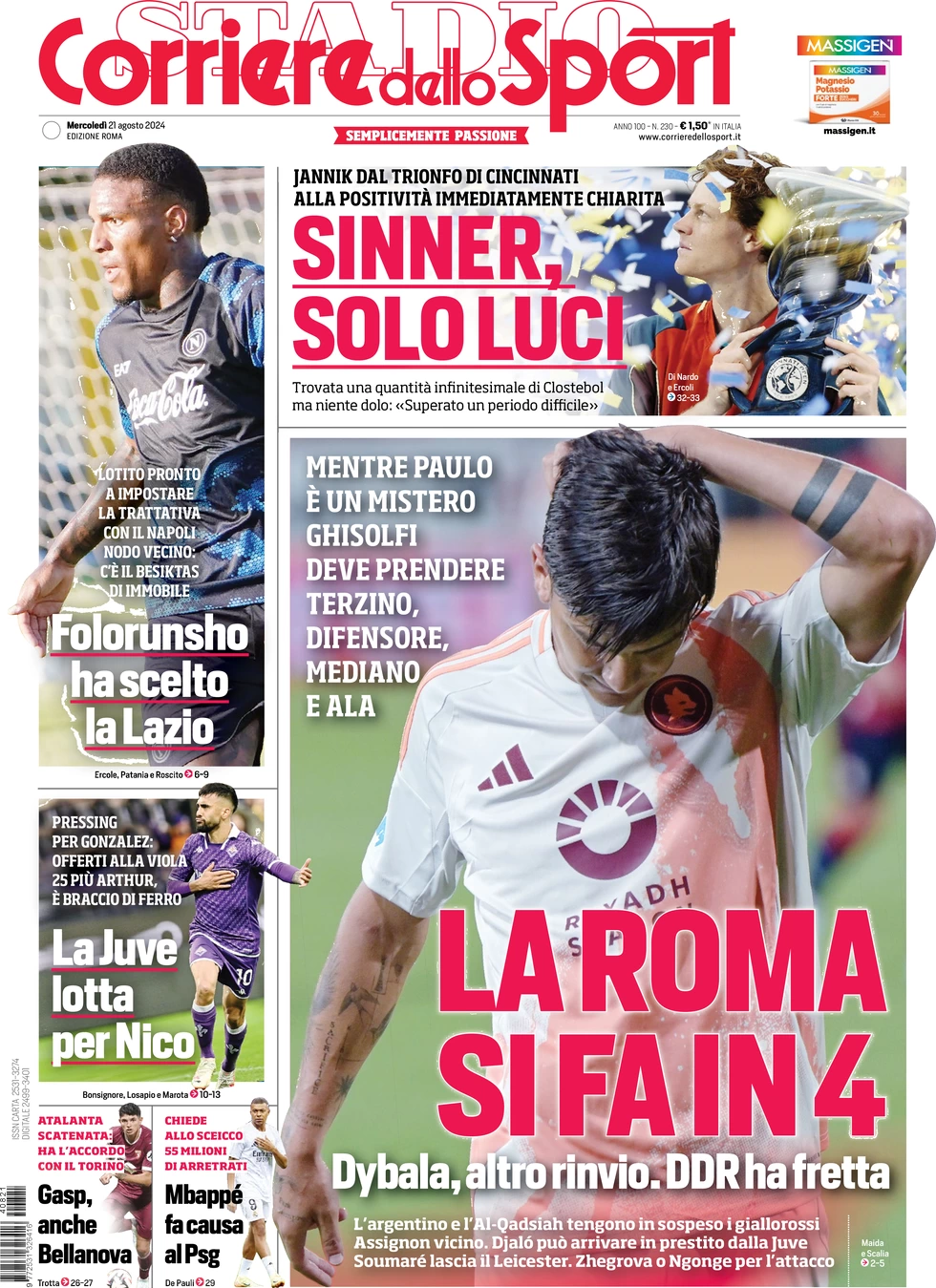 anteprima della prima pagina di corriere-dello-sport del 21/08/2024