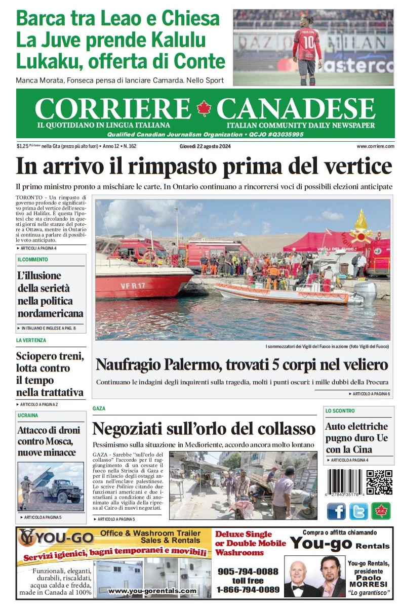 anteprima della prima pagina di corriere-canadese del 22/08/2024