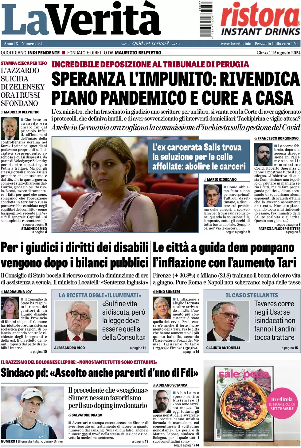 anteprima della prima pagina di la-verit del 22/08/2024