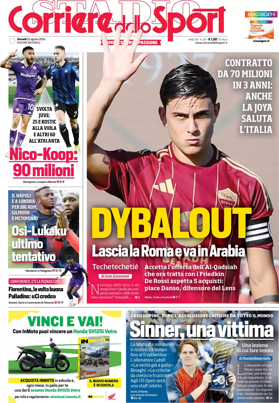 anteprima della prima pagina di corriere-dello-sport del 22/08/2024