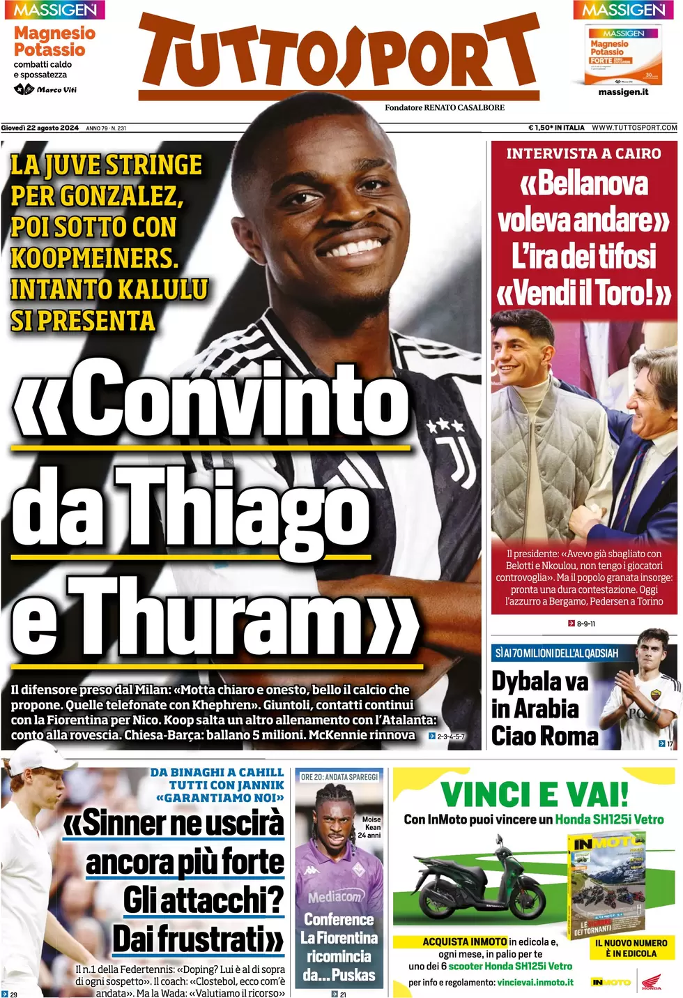 anteprima della prima pagina di tuttosport del 22/08/2024
