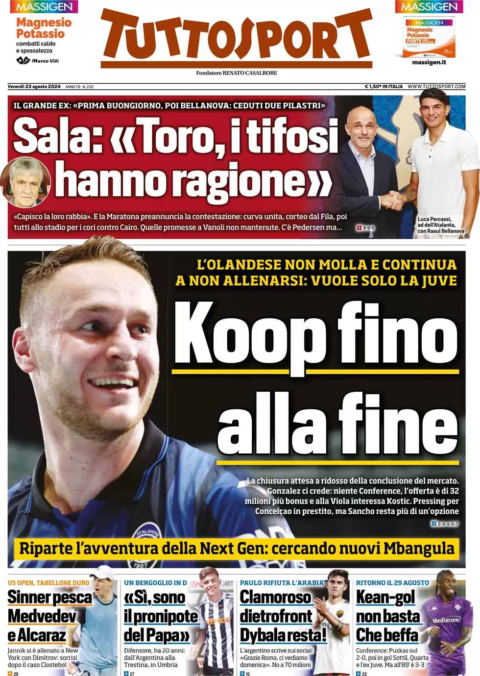 anteprima della prima pagina di tuttosport del 23/08/2024
