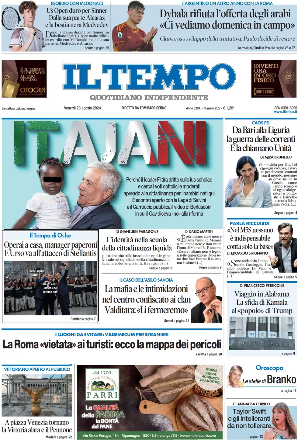 anteprima della prima pagina di il-tempo del 23/08/2024