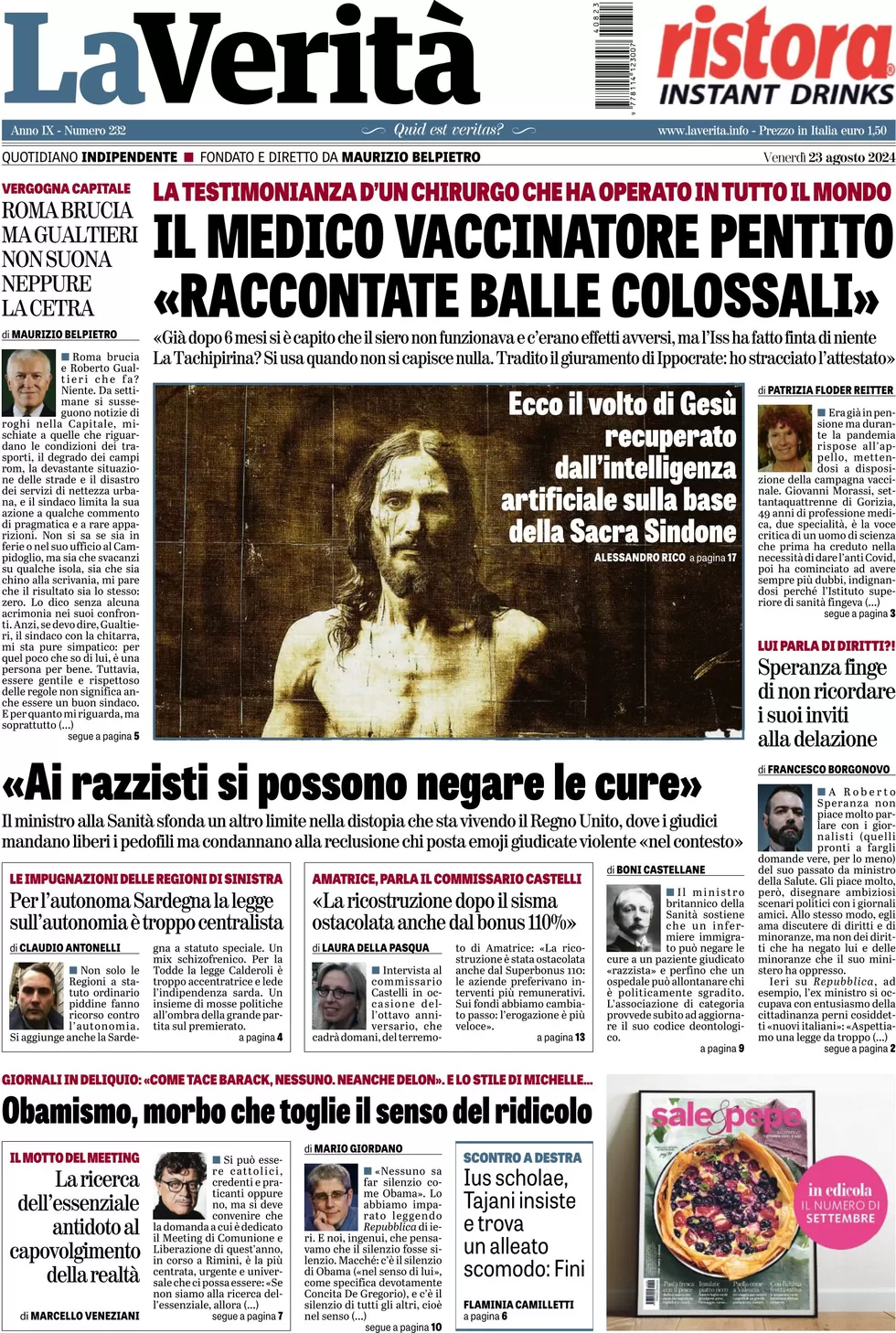 anteprima della prima pagina di la-verit del 23/08/2024