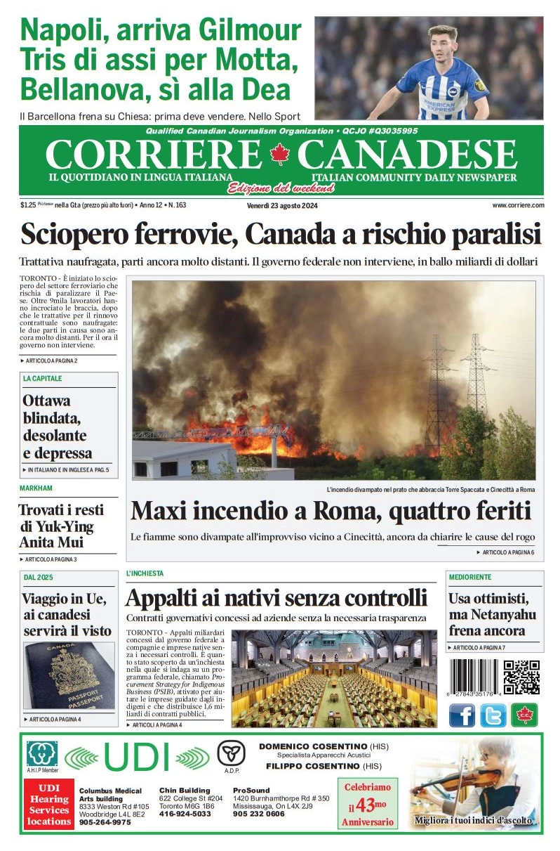 anteprima della prima pagina di corriere-canadese del 23/08/2024