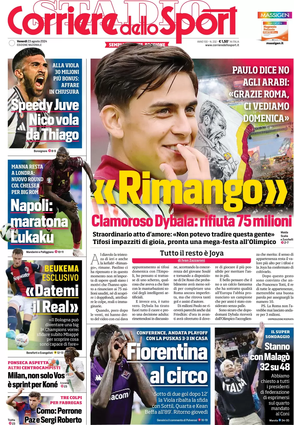 anteprima della prima pagina di corriere-dello-sport del 23/08/2024