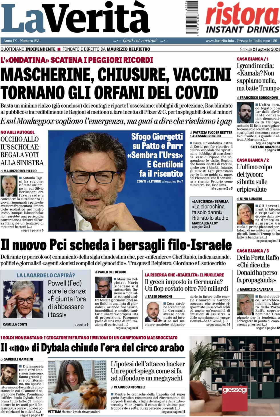 anteprima della prima pagina di la-verit del 24/08/2024