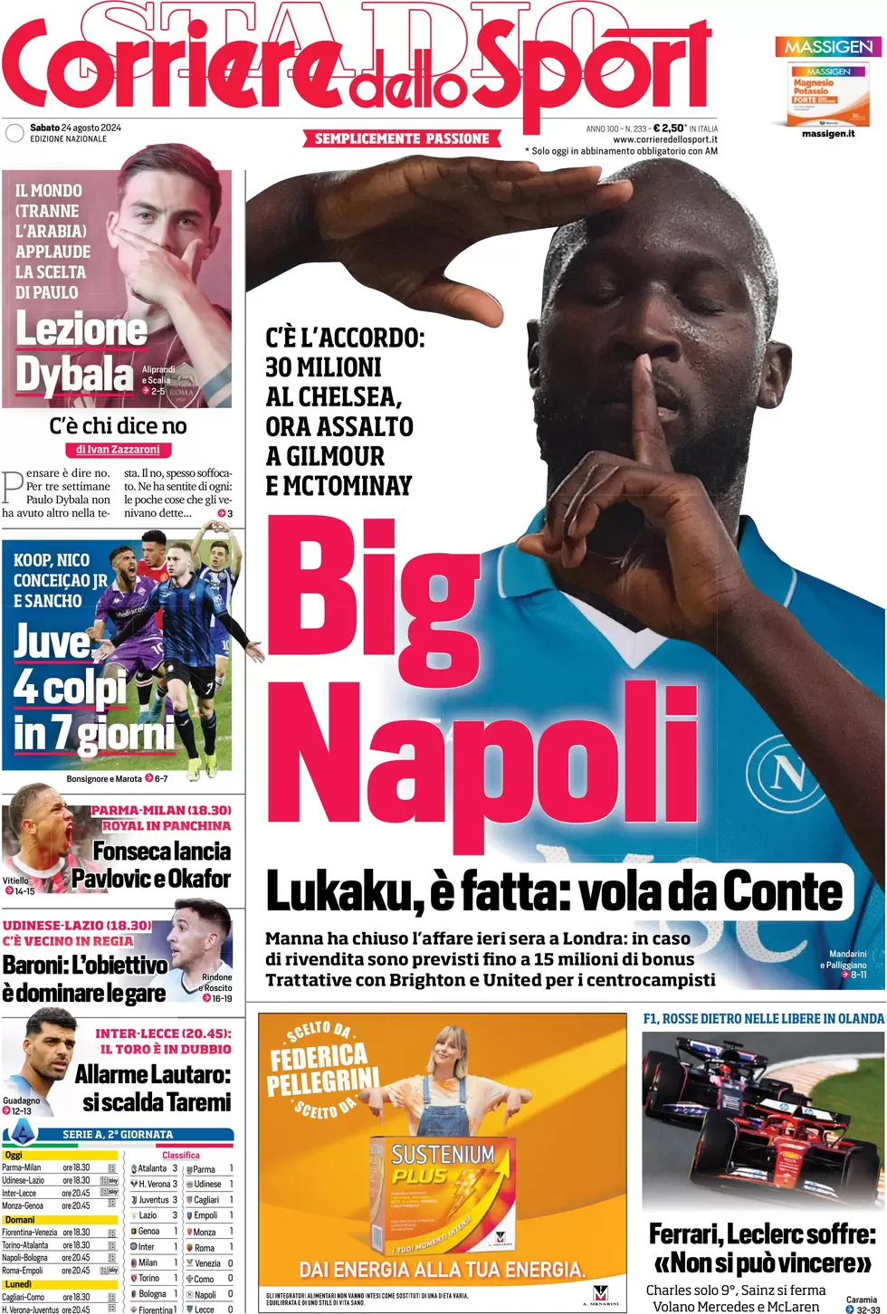 anteprima della prima pagina di corriere-dello-sport del 24/08/2024