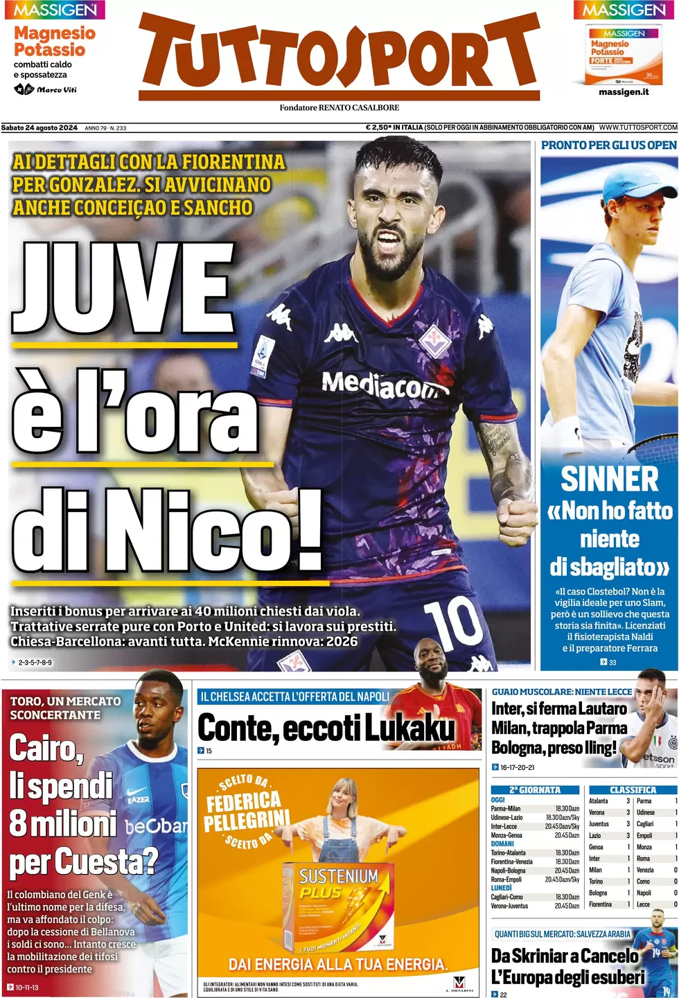 anteprima della prima pagina di tuttosport del 24/08/2024