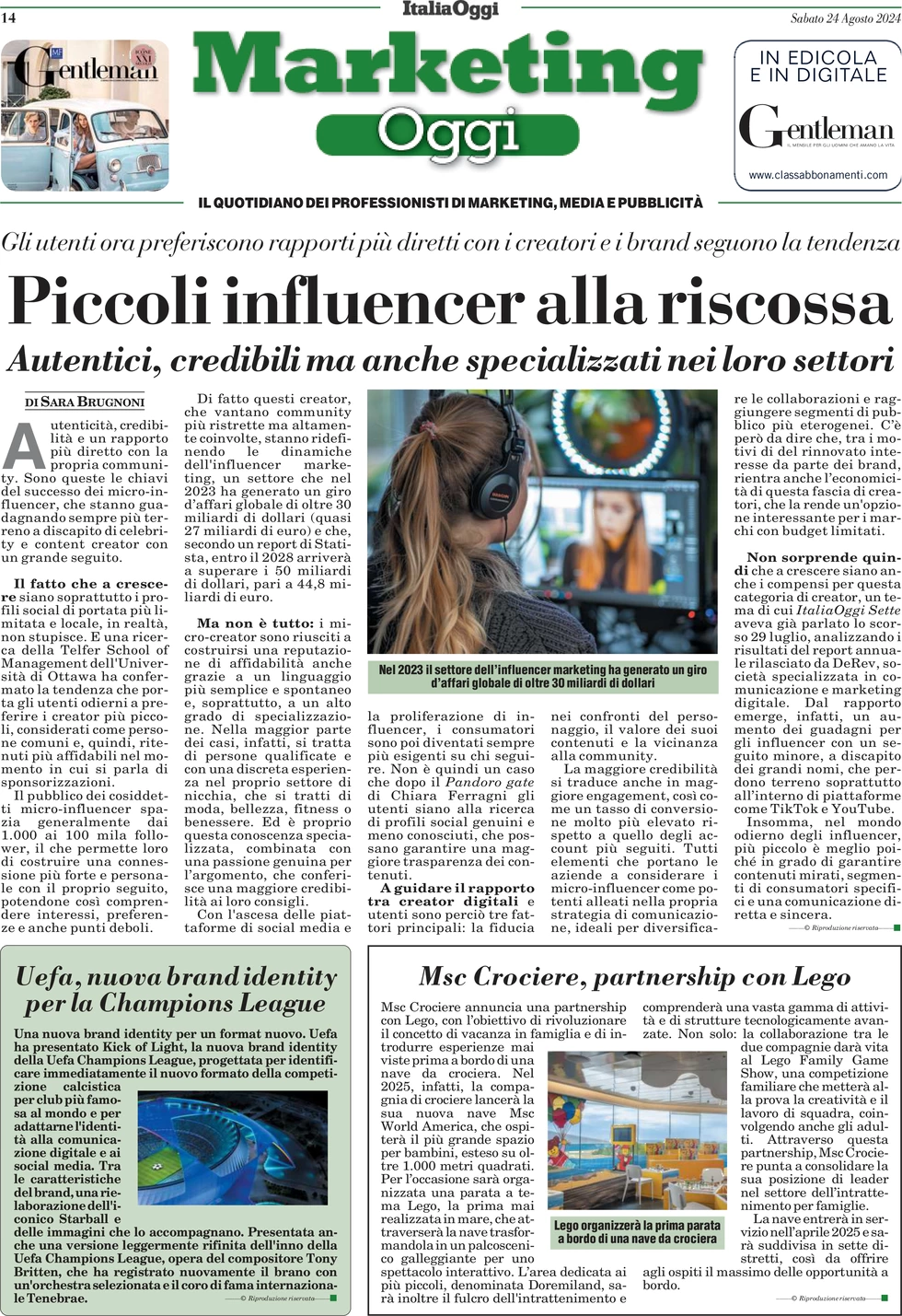 anteprima della prima pagina di marketing-oggi del 24/08/2024