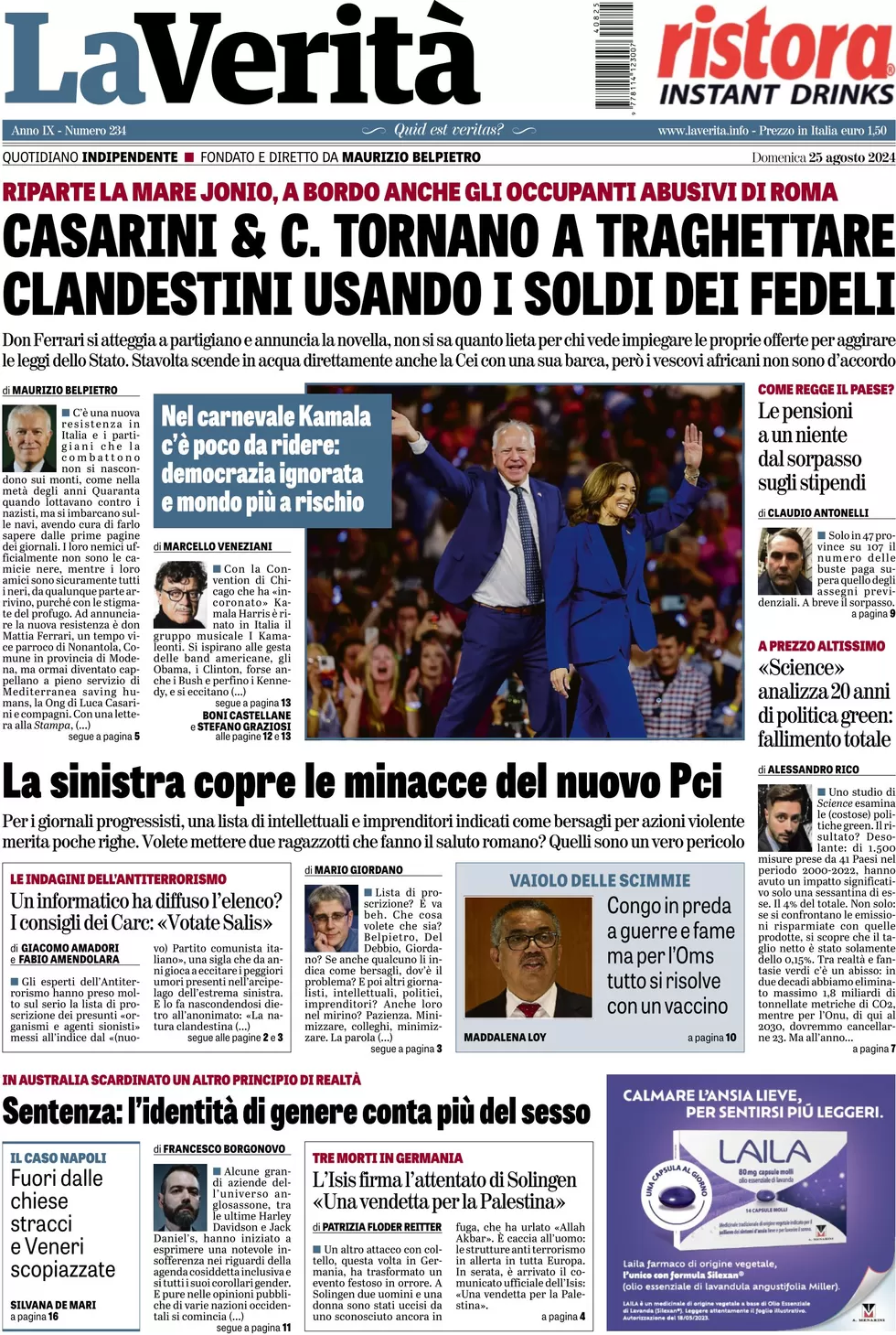 anteprima della prima pagina di la-verit del 25/08/2024