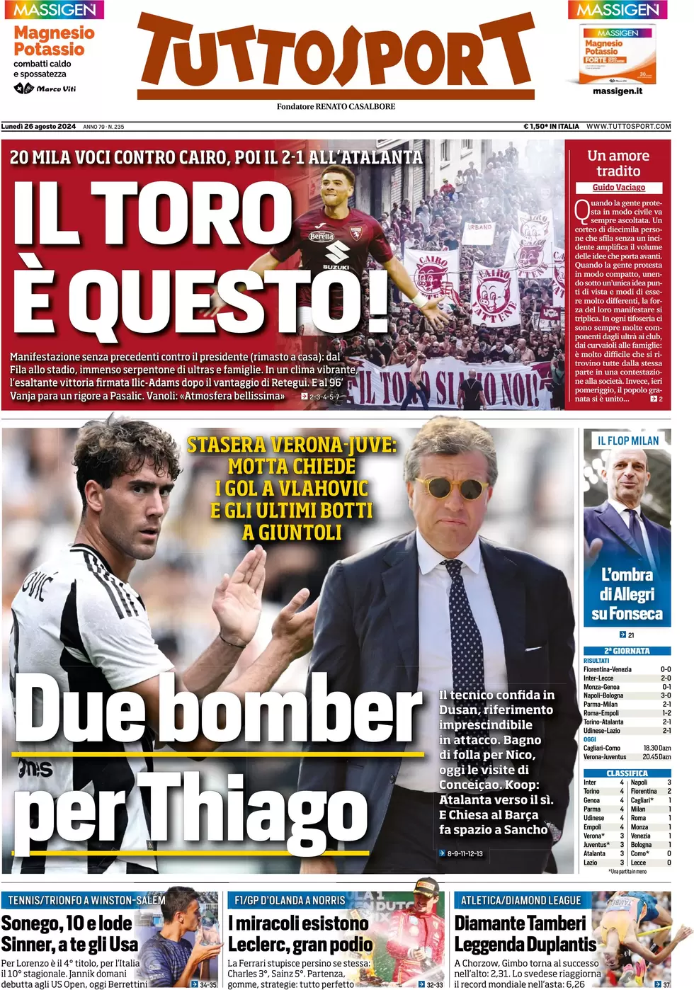 anteprima della prima pagina di tuttosport del 26/08/2024