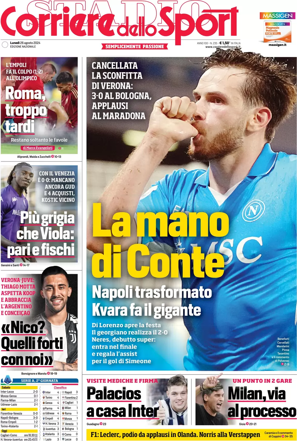 anteprima della prima pagina di corriere-dello-sport del 26/08/2024