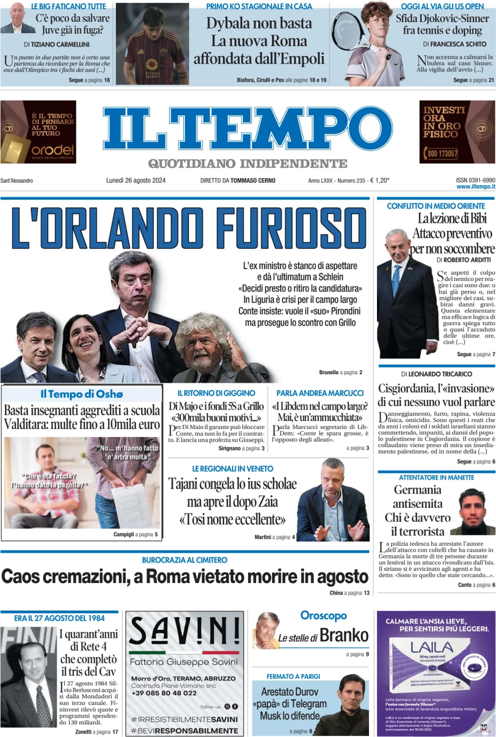 anteprima della prima pagina di il-tempo del 26/08/2024