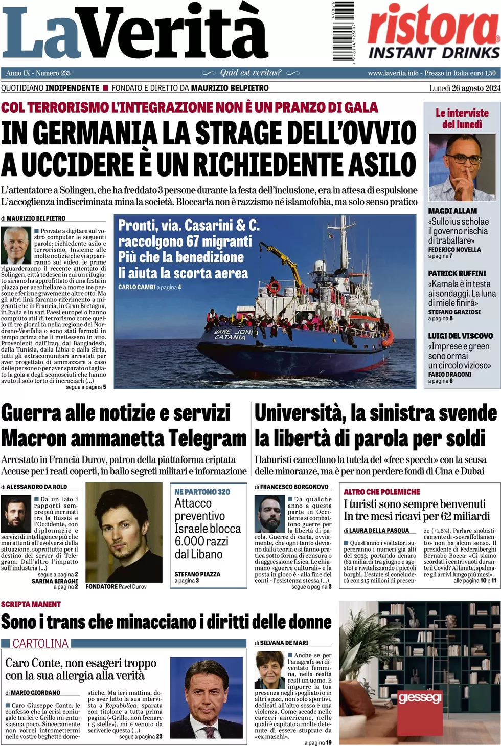 anteprima della prima pagina di la-verit del 26/08/2024