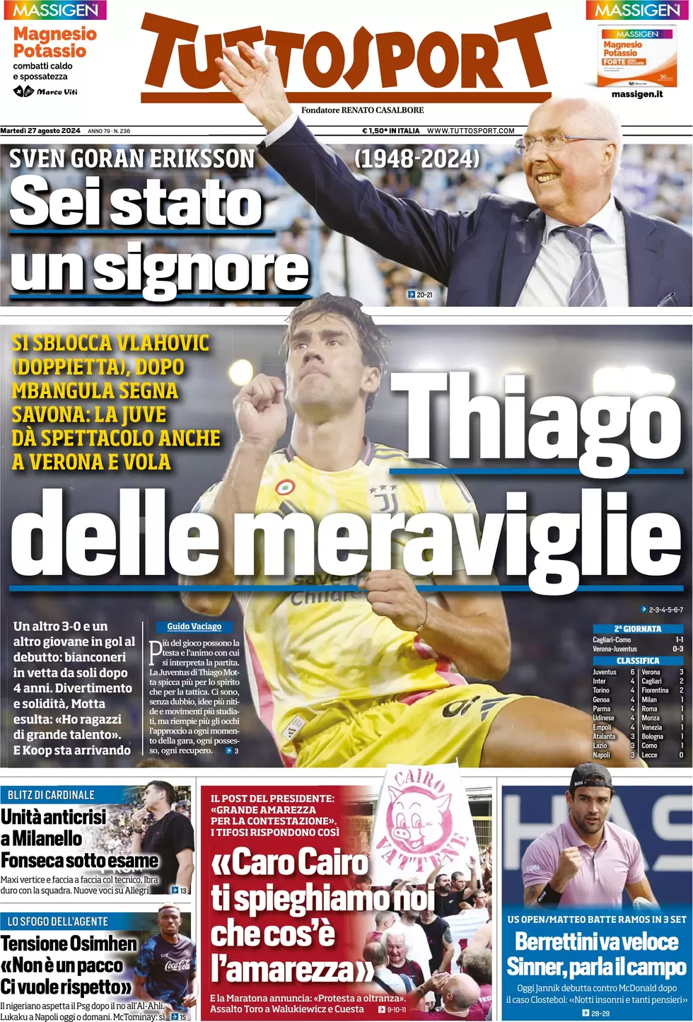 anteprima della prima pagina di tuttosport del 27/08/2024