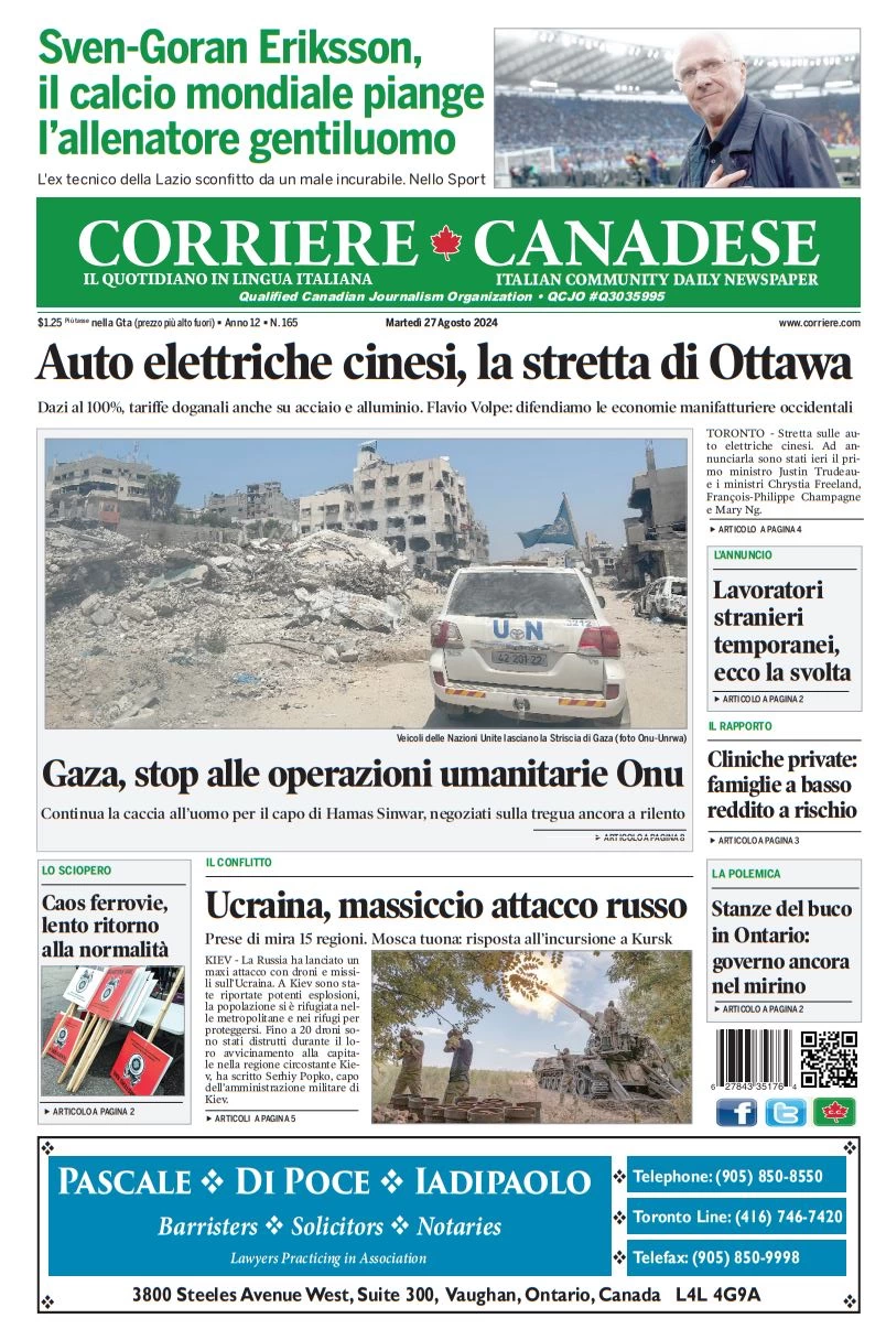 anteprima della prima pagina di corriere-canadese del 27/08/2024