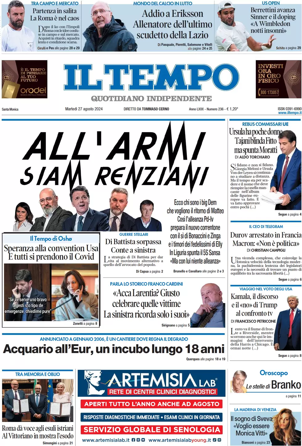 anteprima della prima pagina di il-tempo del 27/08/2024