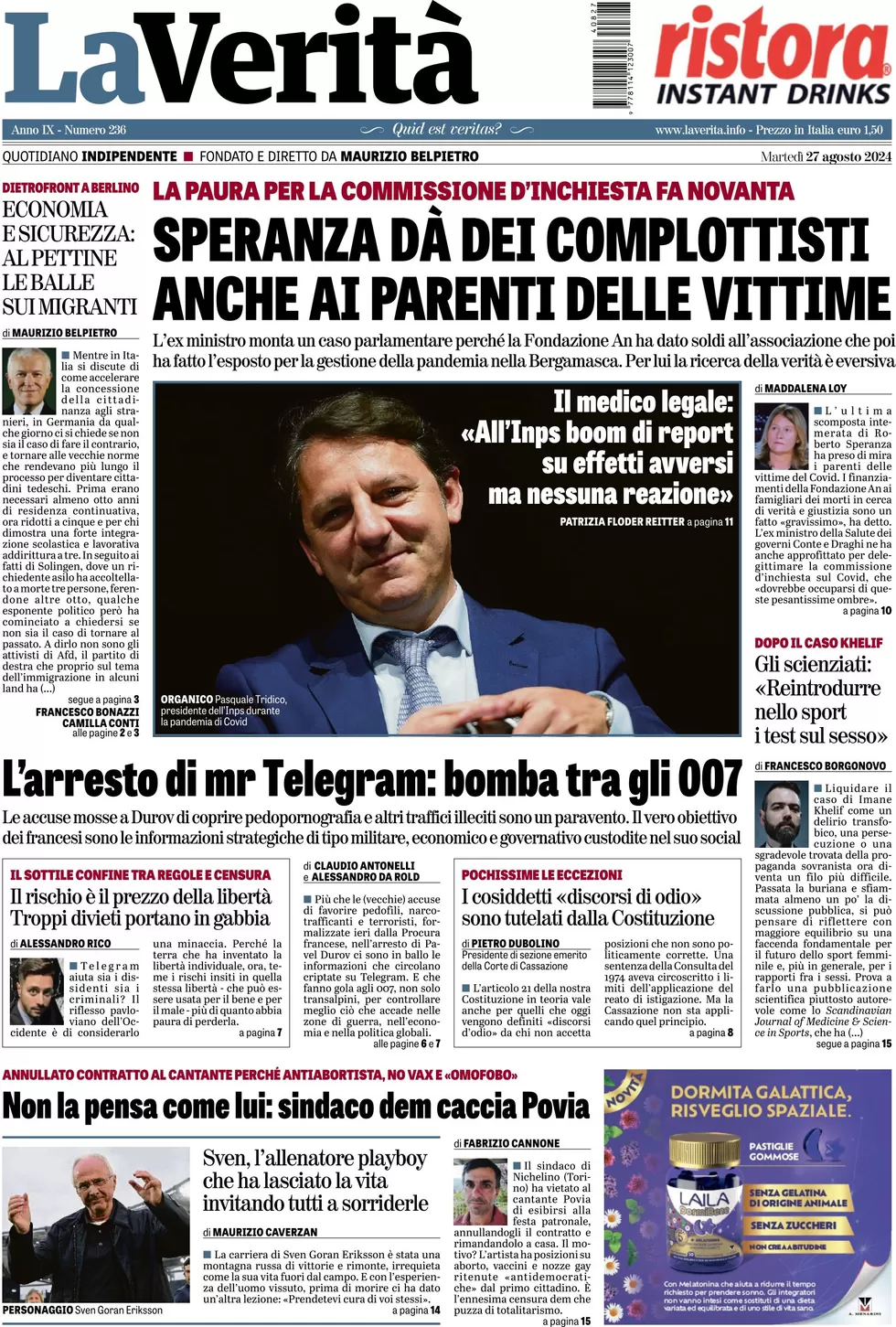 anteprima della prima pagina di la-verit del 27/08/2024