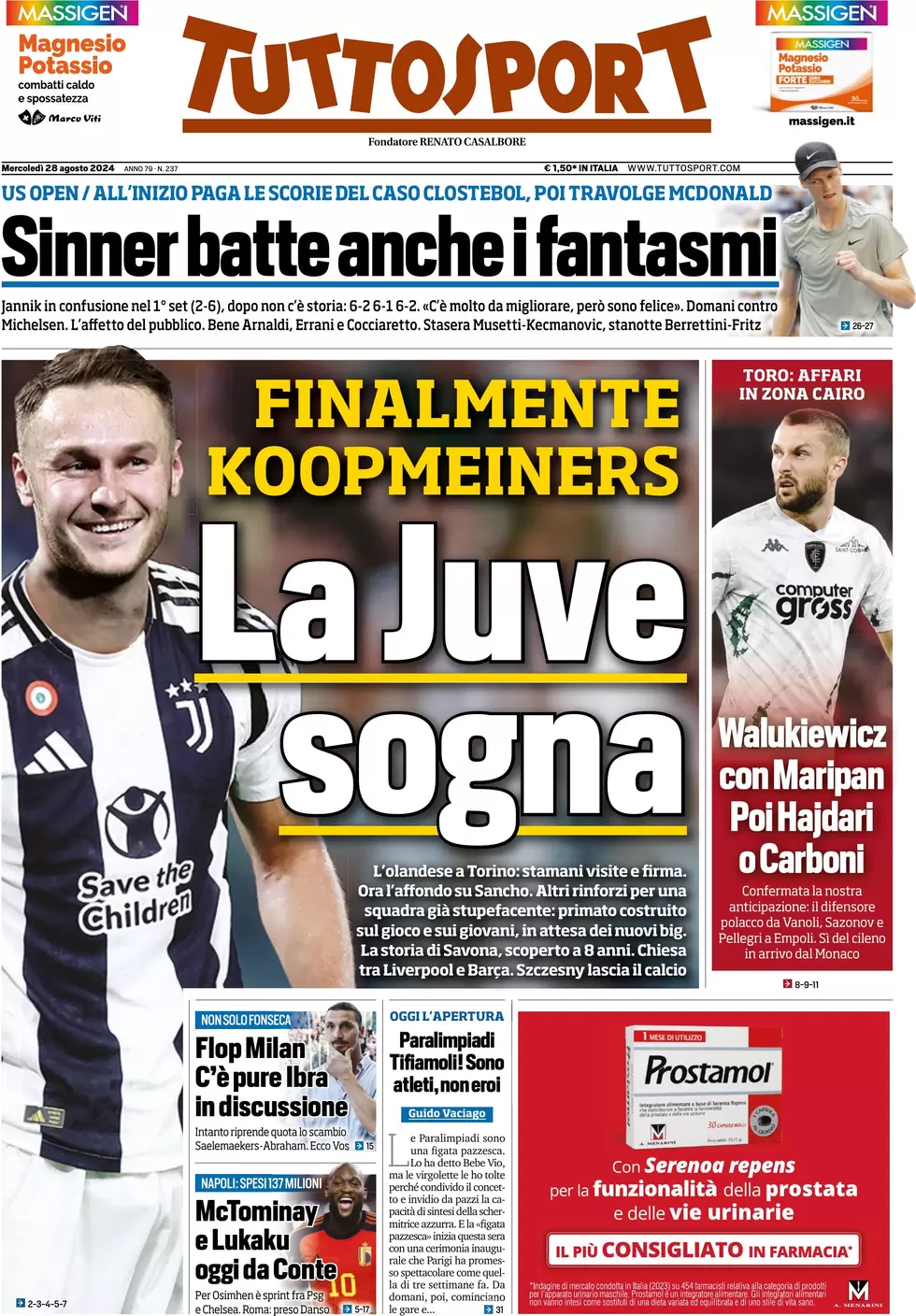 anteprima della prima pagina di tuttosport del 28/08/2024
