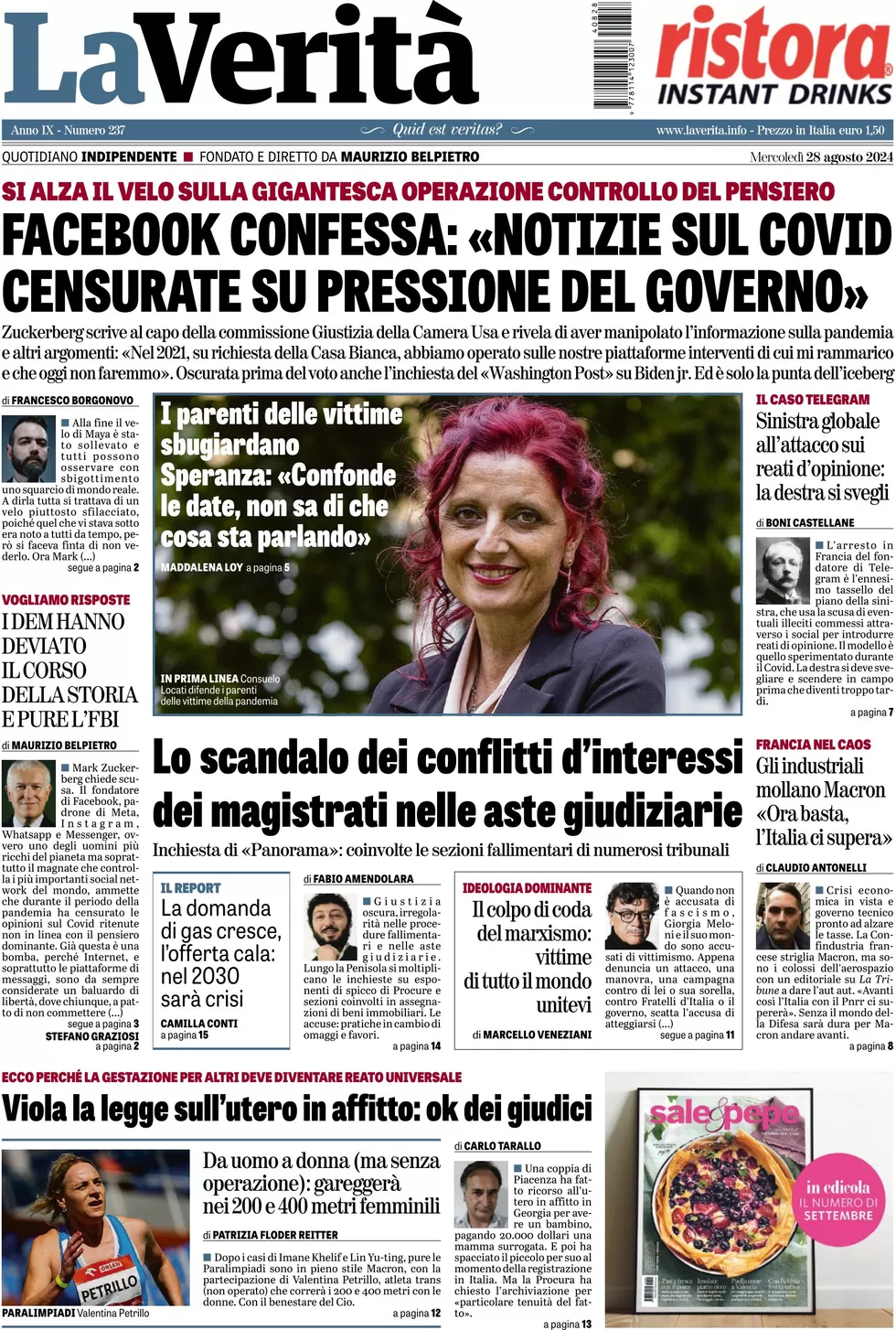 anteprima della prima pagina di la-verit del 28/08/2024