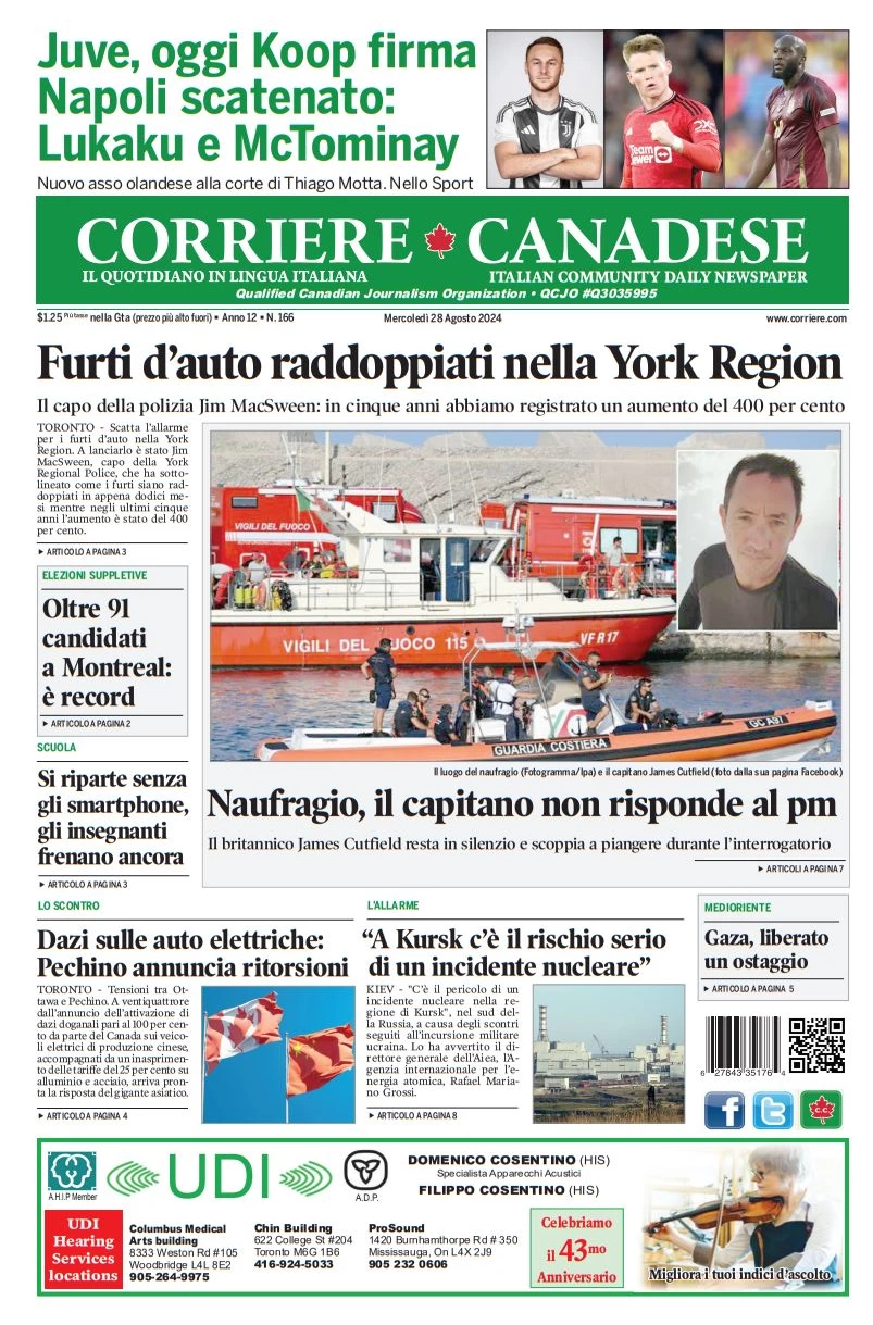 anteprima della prima pagina di corriere-canadese del 28/08/2024