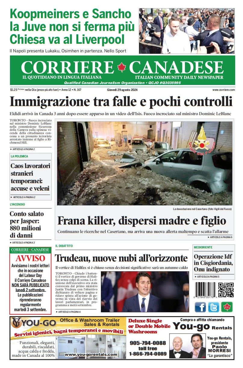 anteprima della prima pagina di corriere-canadese del 29/08/2024