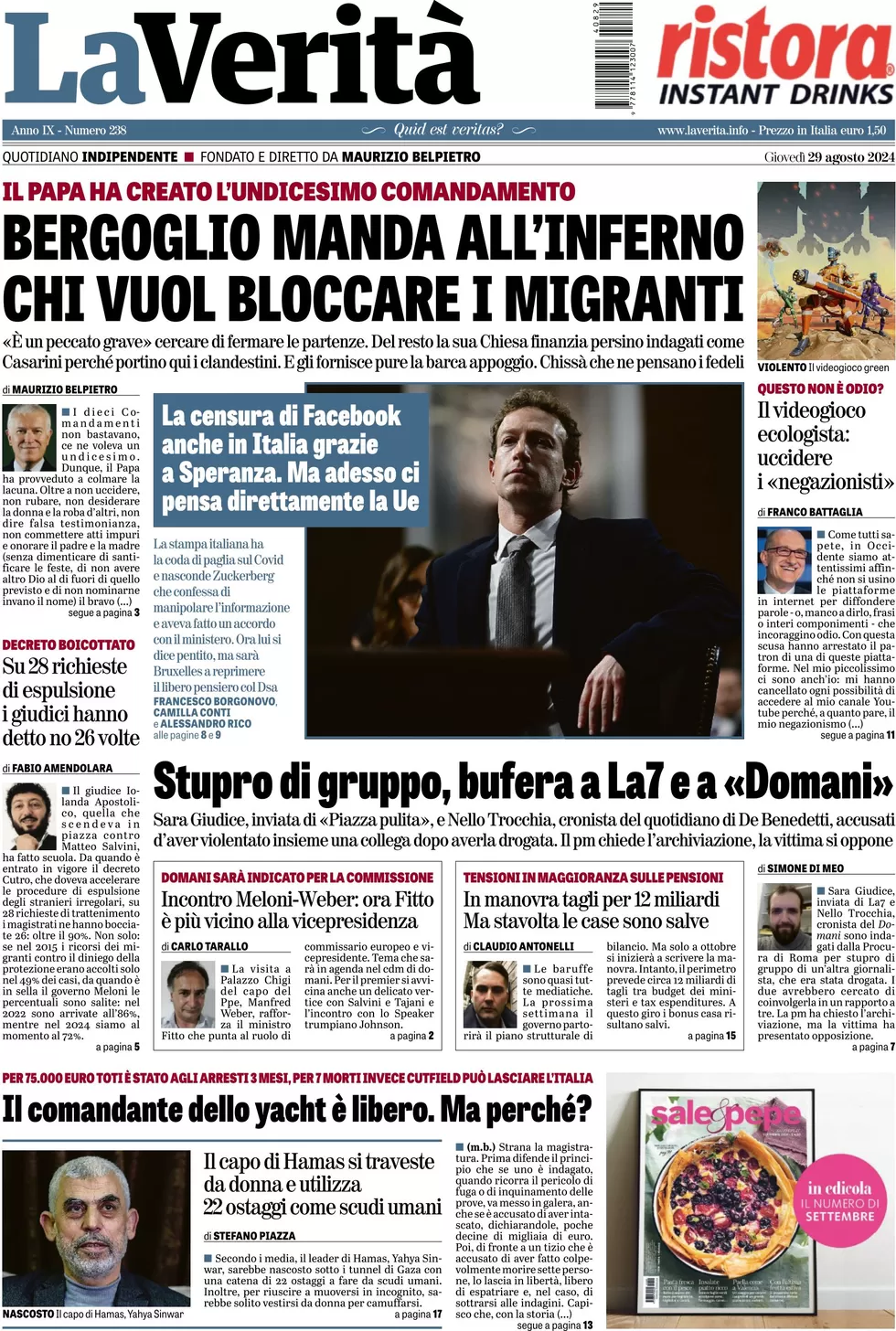 anteprima della prima pagina di la-verit del 29/08/2024