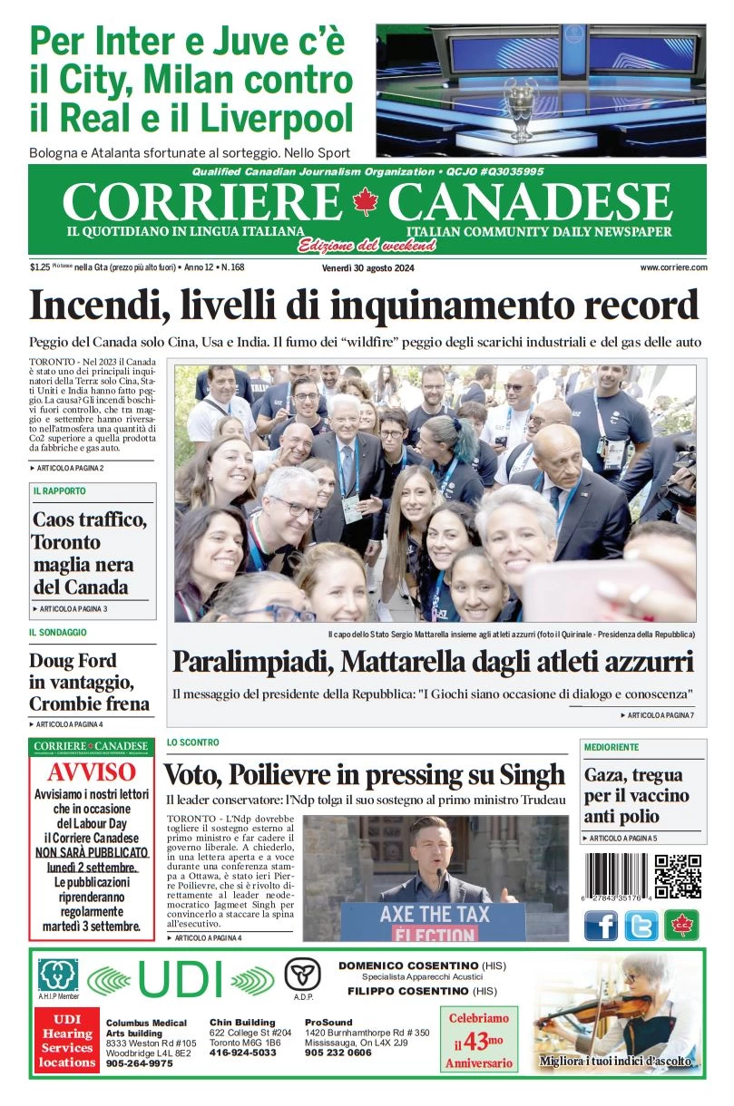 anteprima della prima pagina di corriere-canadese del 30/08/2024
