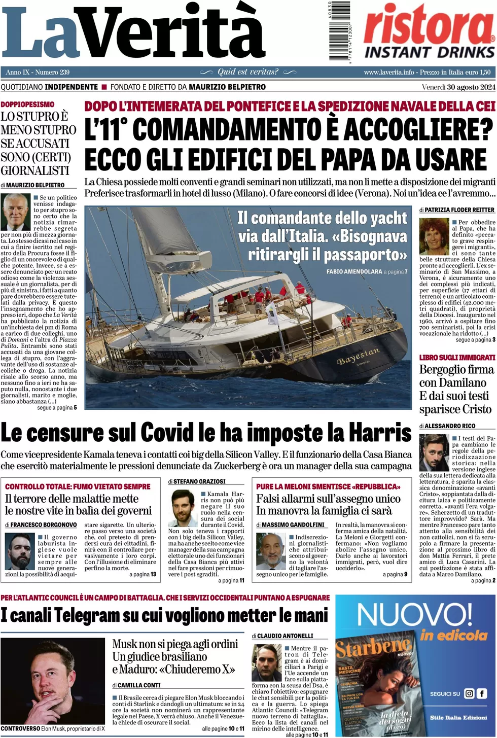 anteprima della prima pagina di la-verit del 30/08/2024