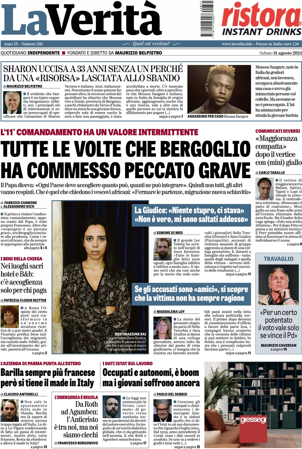 anteprima della prima pagina di la-verit del 31/08/2024