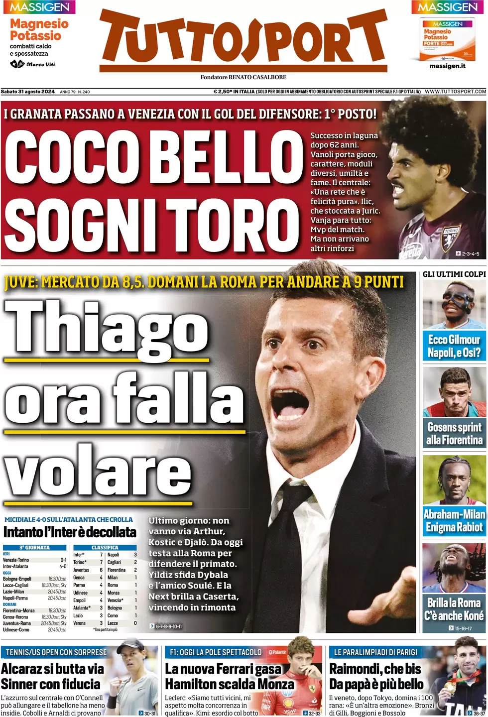 anteprima della prima pagina di tuttosport del 31/08/2024