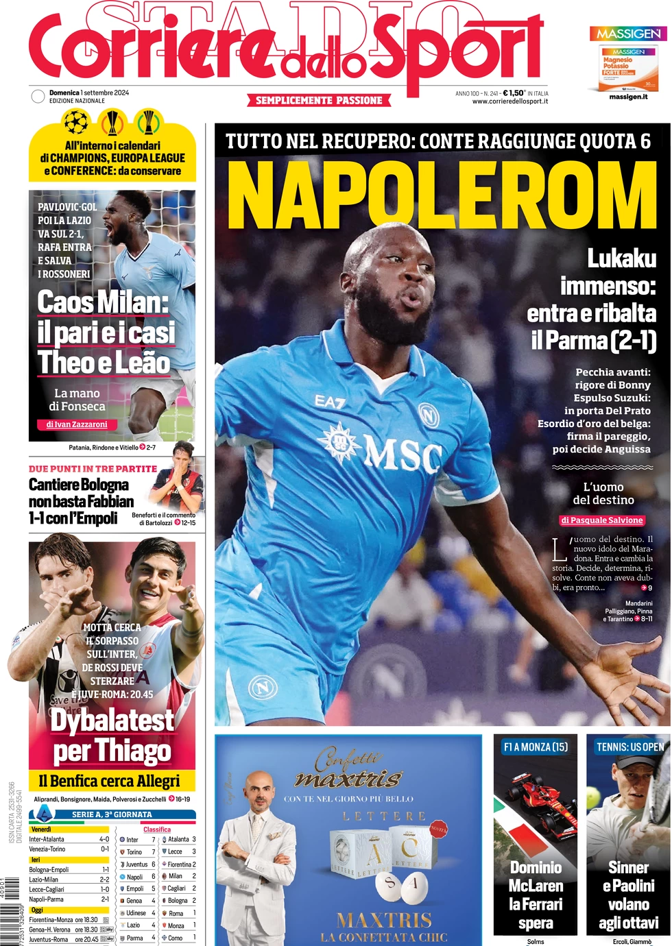 anteprima della prima pagina di corriere-dello-sport del 01/09/2024