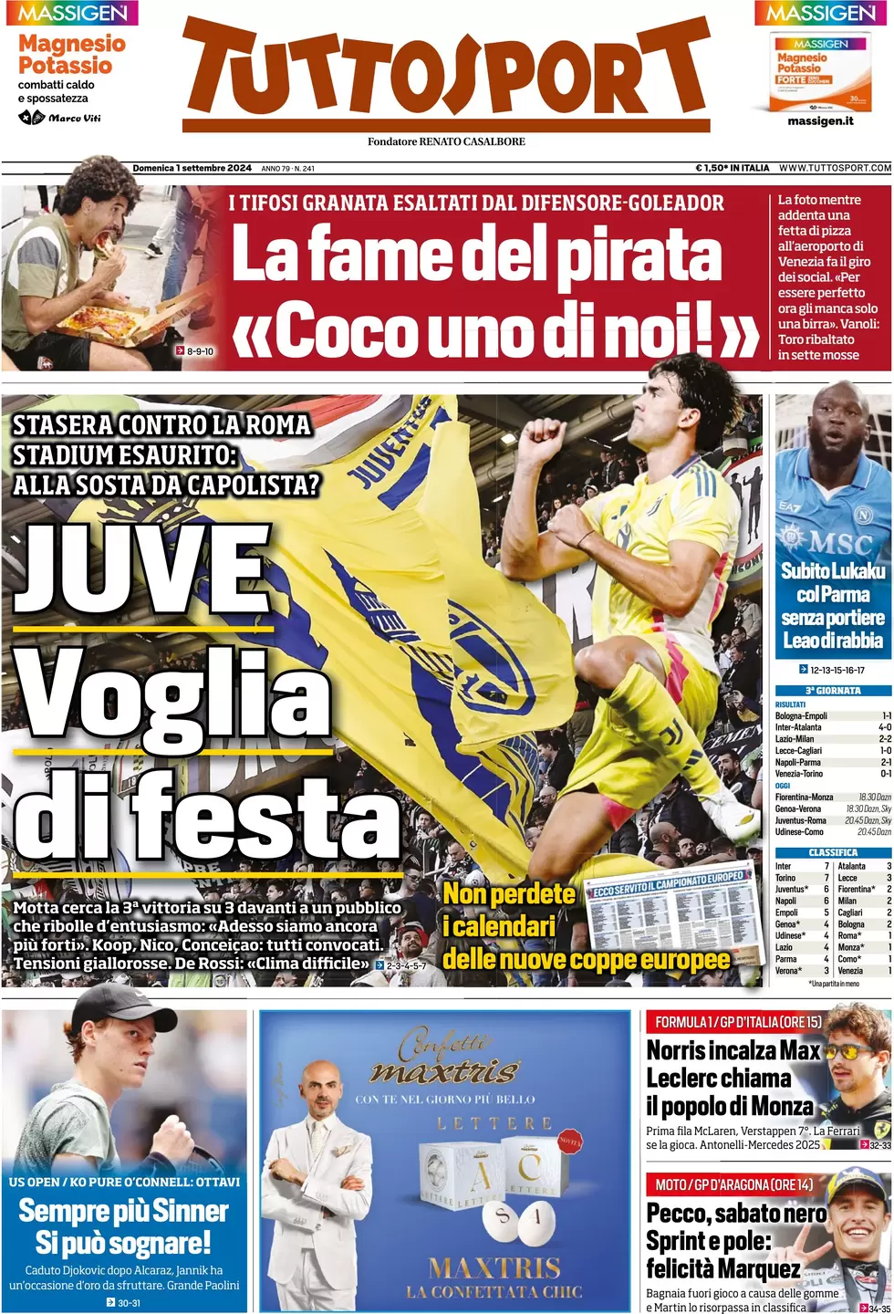 anteprima della prima pagina di tuttosport del 01/09/2024