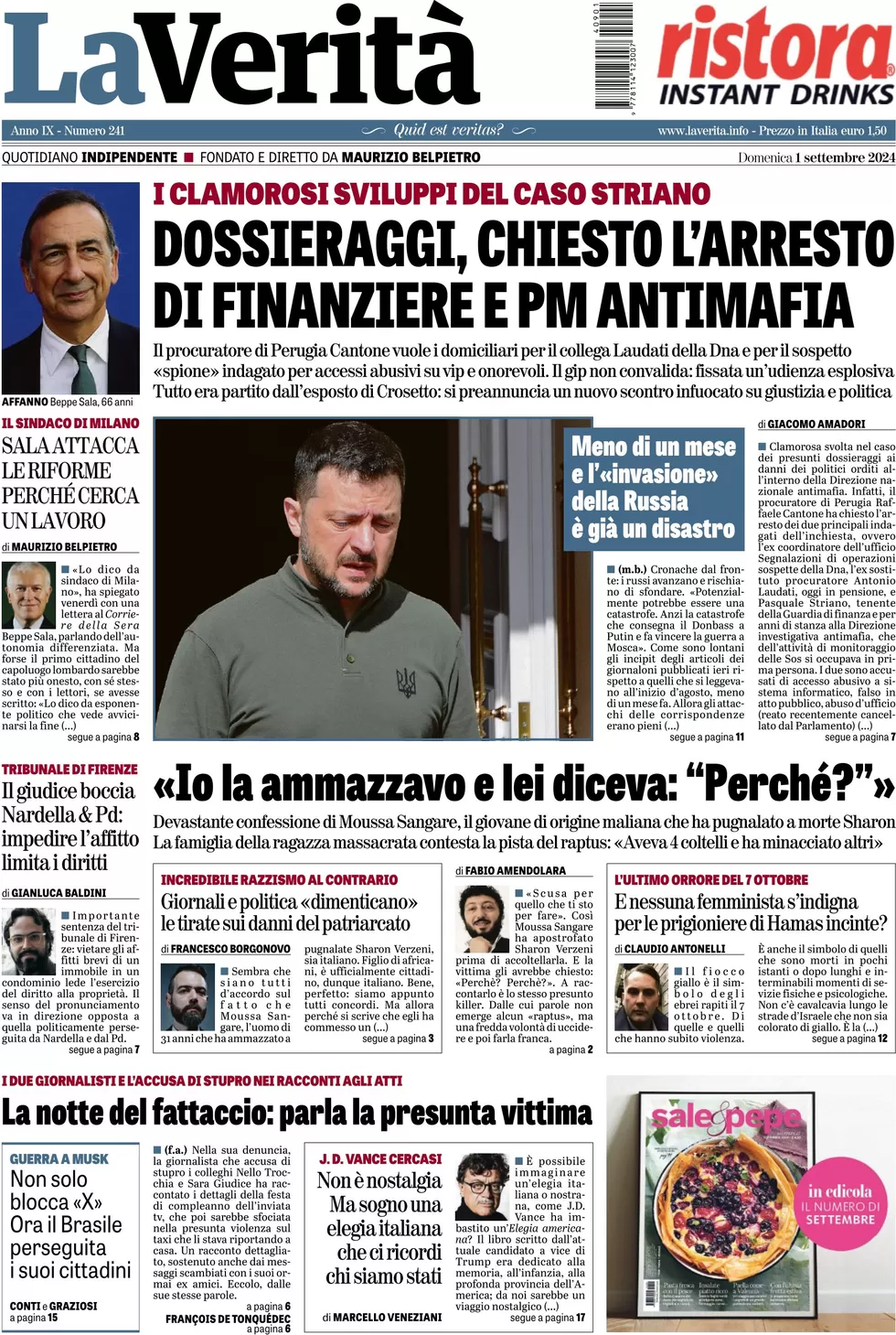 anteprima della prima pagina di la-verit del 01/09/2024