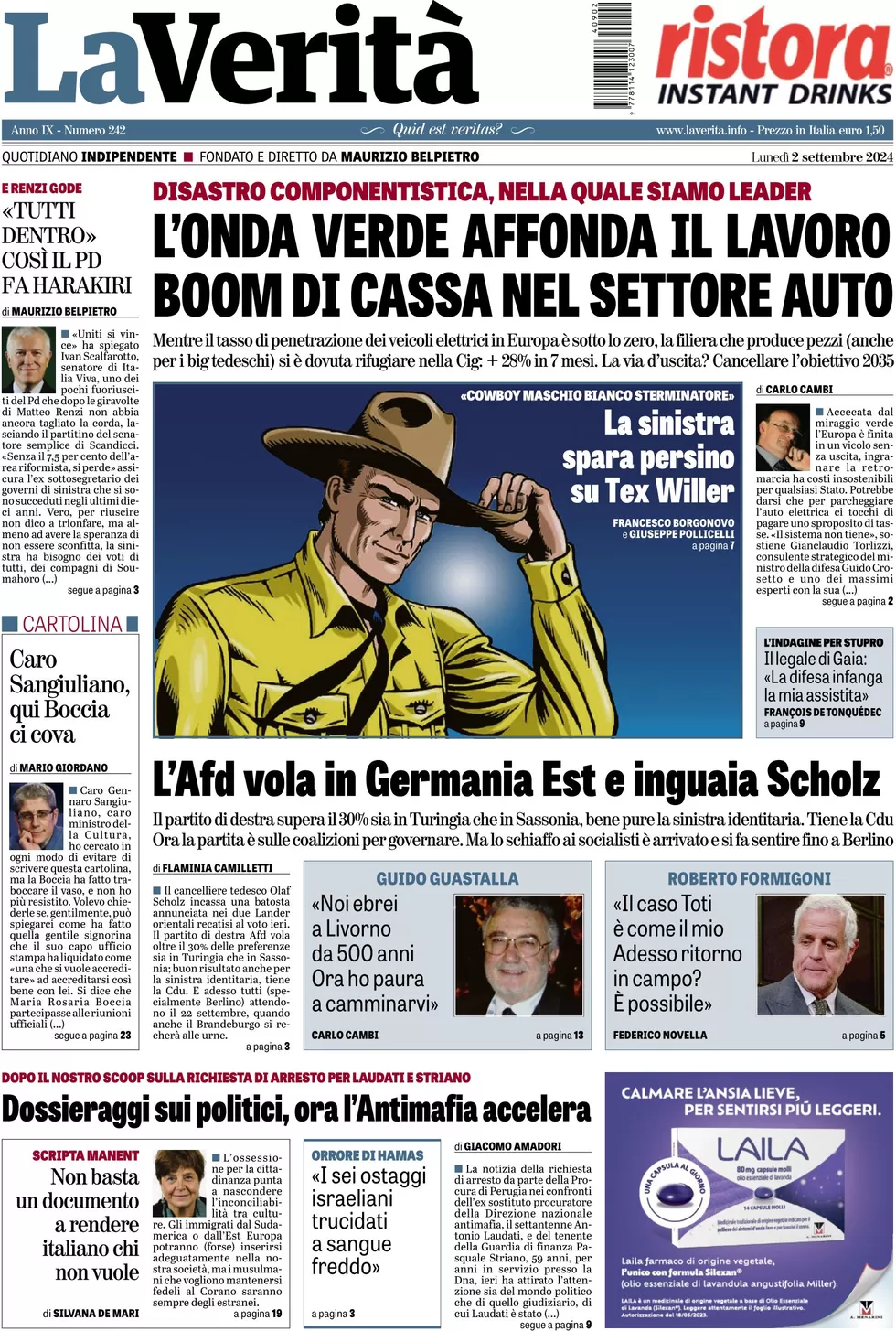 anteprima della prima pagina di la-verit del 02/09/2024